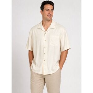 Tommy Bahama 100% Silk Camp Shirt XXL Beige Hawaiian Resort Casual Button Up